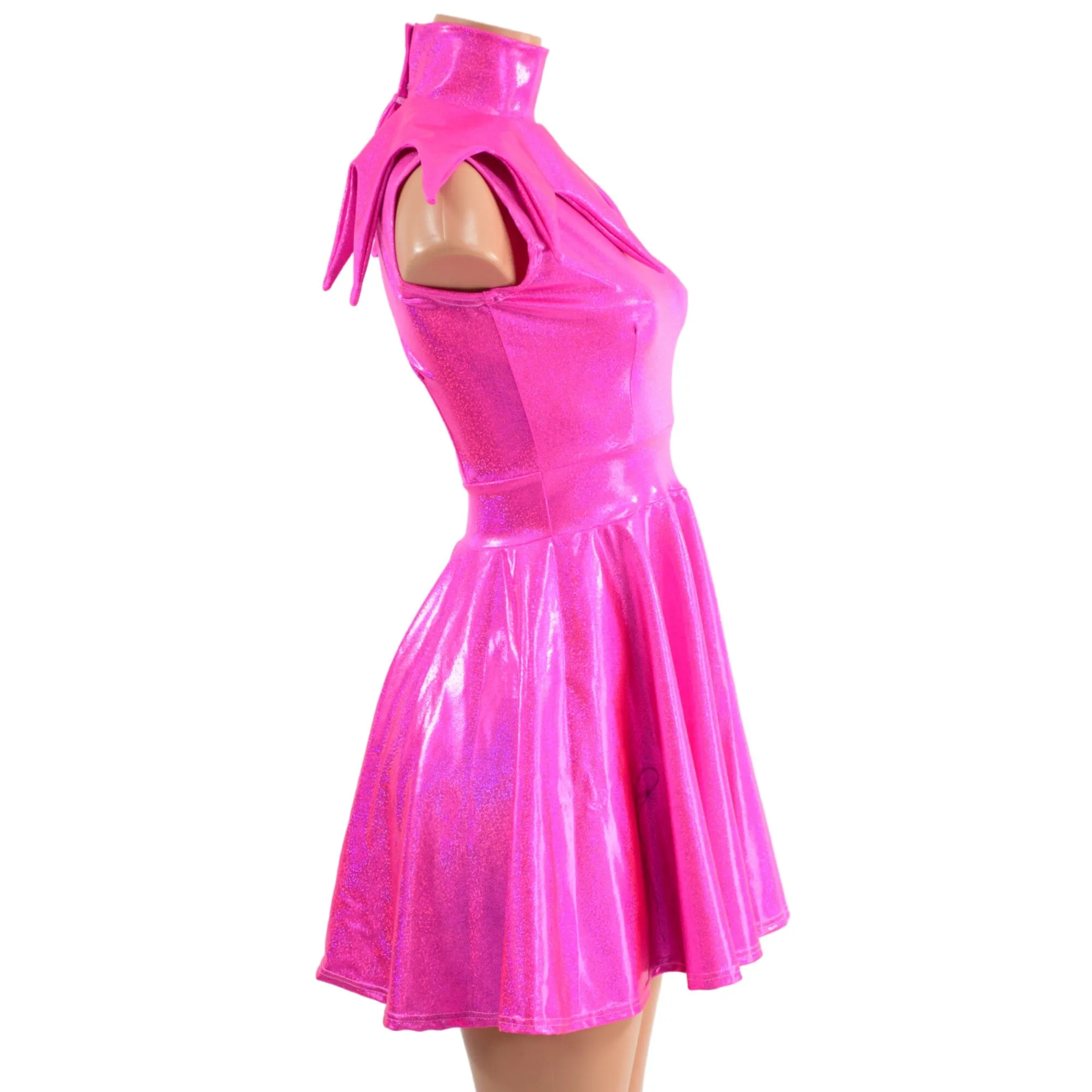 2PC Neon Pink Sleeveless Skater Dress with Elf Collar