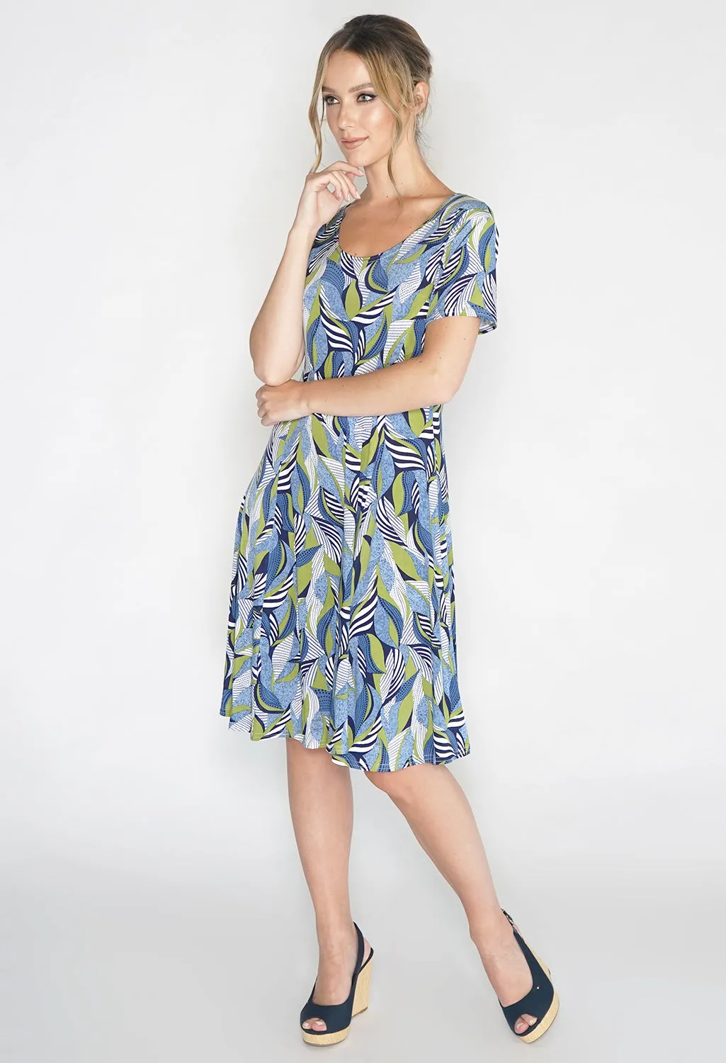 Abstract Green Leaf Print Swing Dress