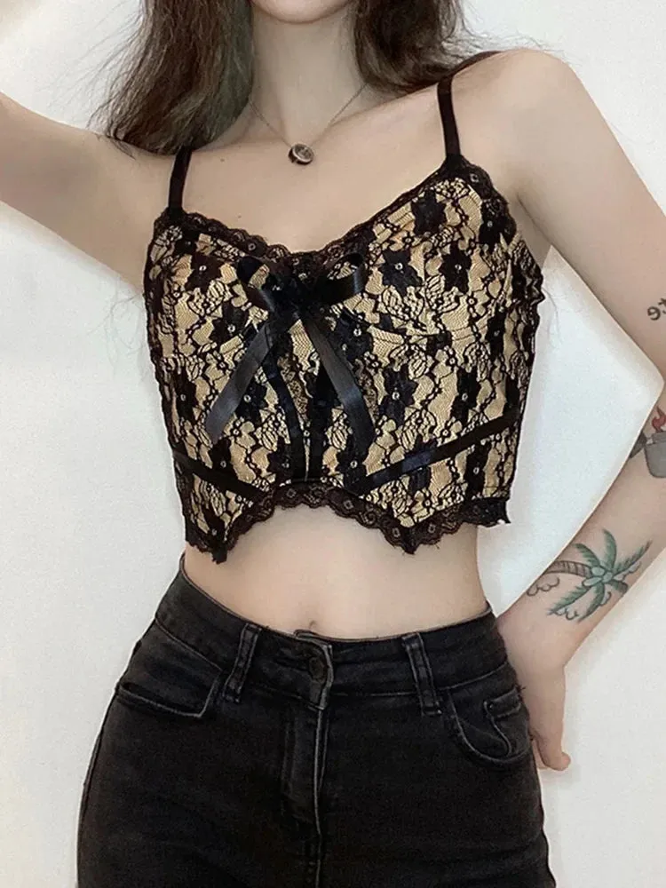 Aesthetic Lace Sexy Double Girl Neck Layer V E Dark Academia Crop Top