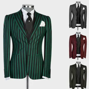 Aidase Men's Suit 3 Pieces Blazer Vest Pants Peaked Lapel Single Breasted Tuxedo Wedding Groom Pinstripes Formal Tailored Costume Homme