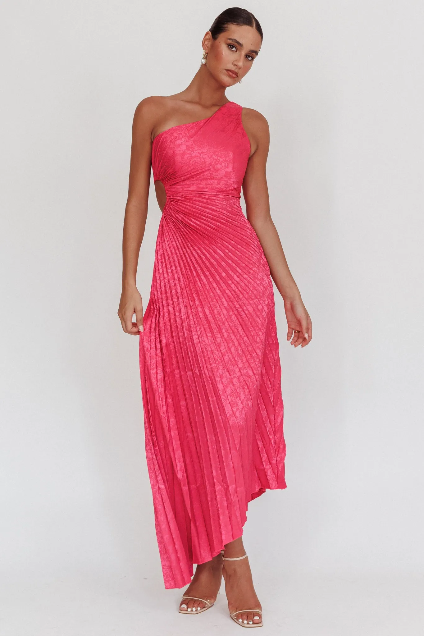 Amelie One-Shoulder Accordion Pleat Maxi Dress Floral Fuchsia