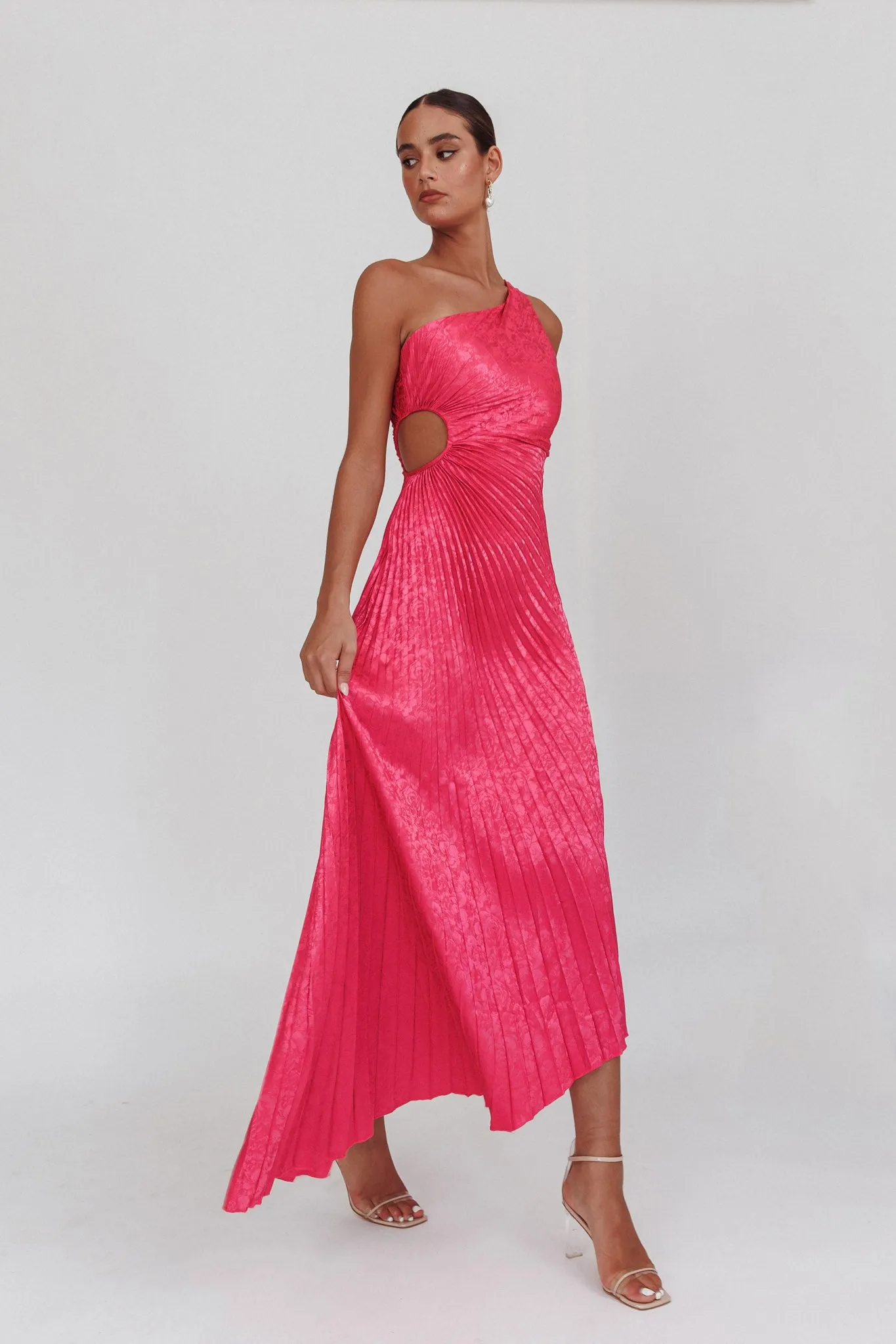 Amelie One-Shoulder Accordion Pleat Maxi Dress Floral Fuchsia