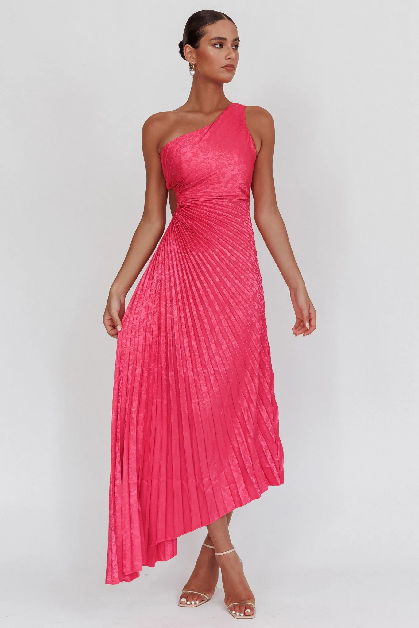 Amelie One-Shoulder Accordion Pleat Maxi Dress Floral Fuchsia