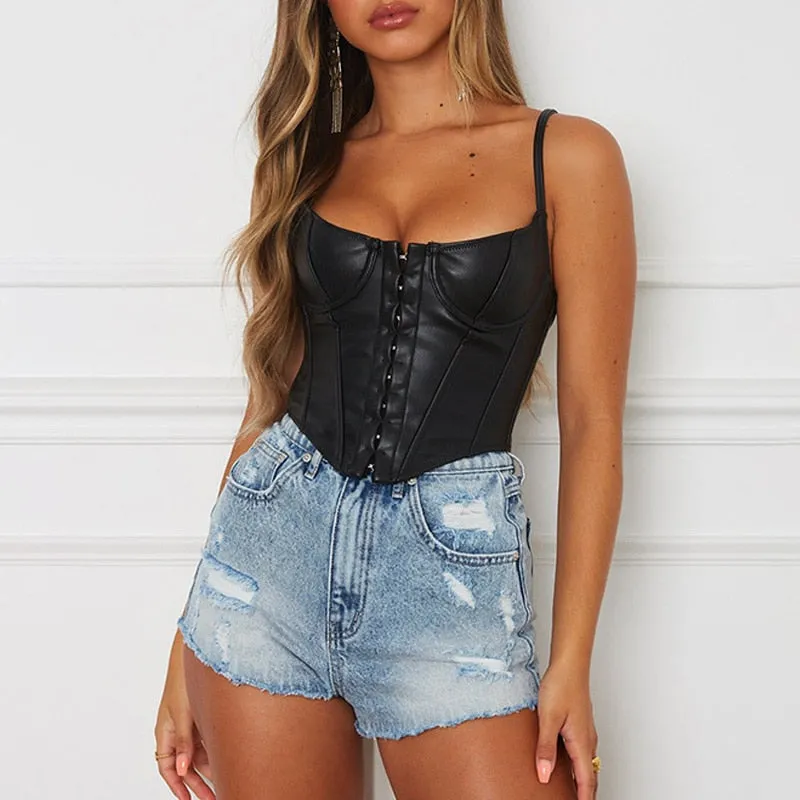 Amozae- 2024 Black PU Leather Bustier Corset Top Women Spaghetti Strap Backless Faux Leather Crop Top Fashion Streetwear Tops For Summer