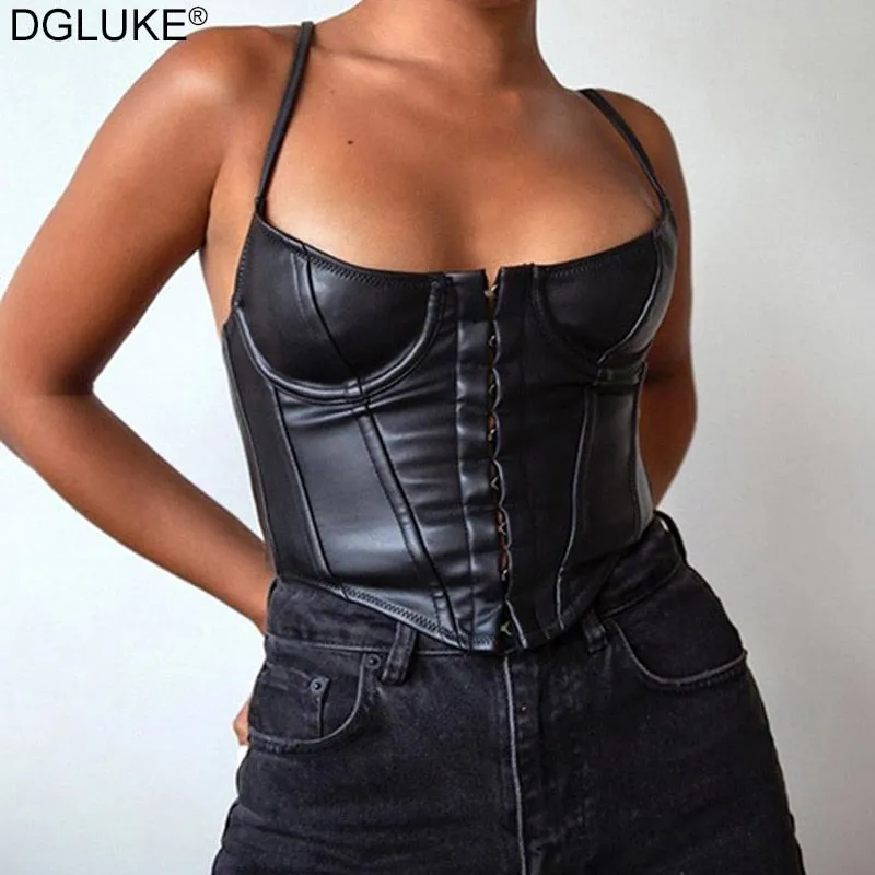 Amozae- 2024 Black PU Leather Bustier Corset Top Women Spaghetti Strap Backless Faux Leather Crop Top Fashion Streetwear Tops For Summer