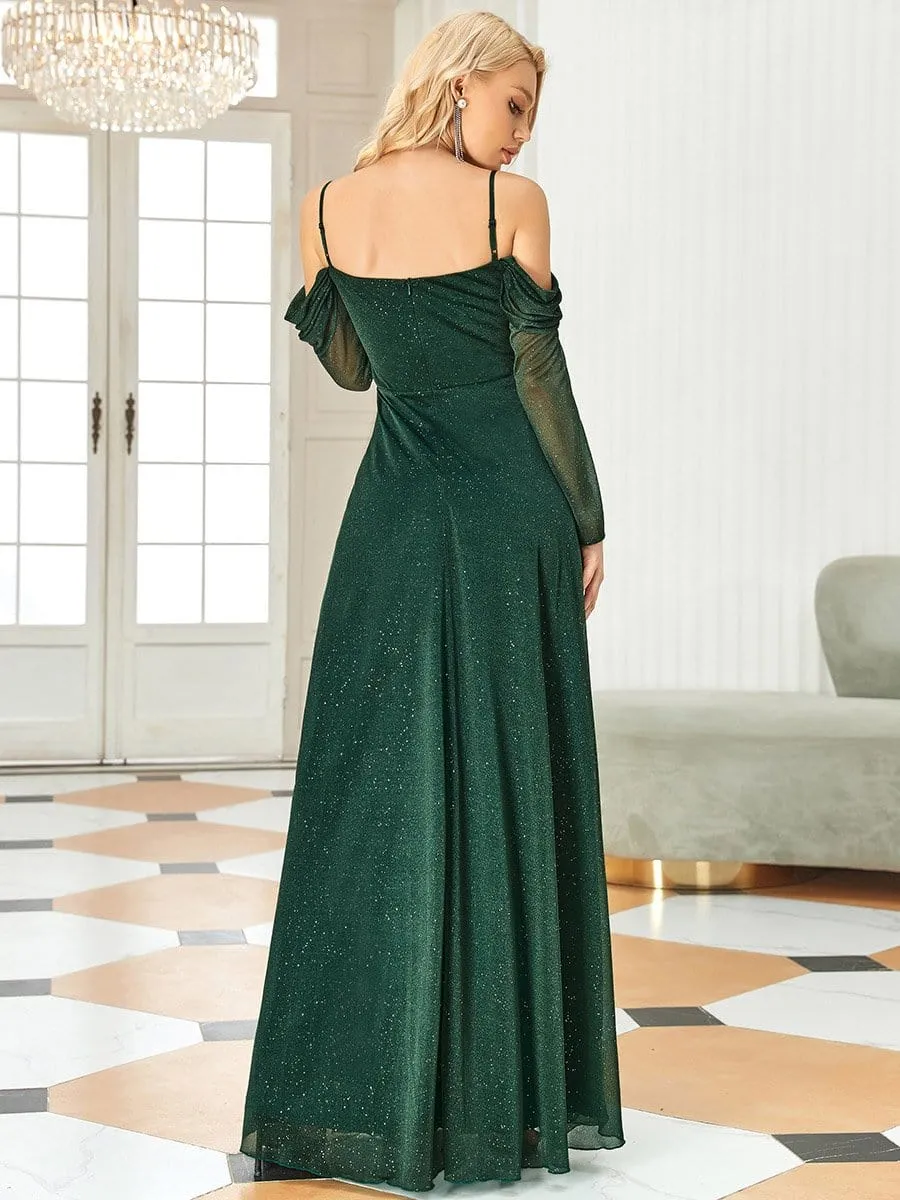 Azurill Long Sleeve Cold Shoulder Front Slit Sparkling Evening Dress