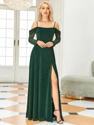 Azurill Long Sleeve Cold Shoulder Front Slit Sparkling Evening Dress