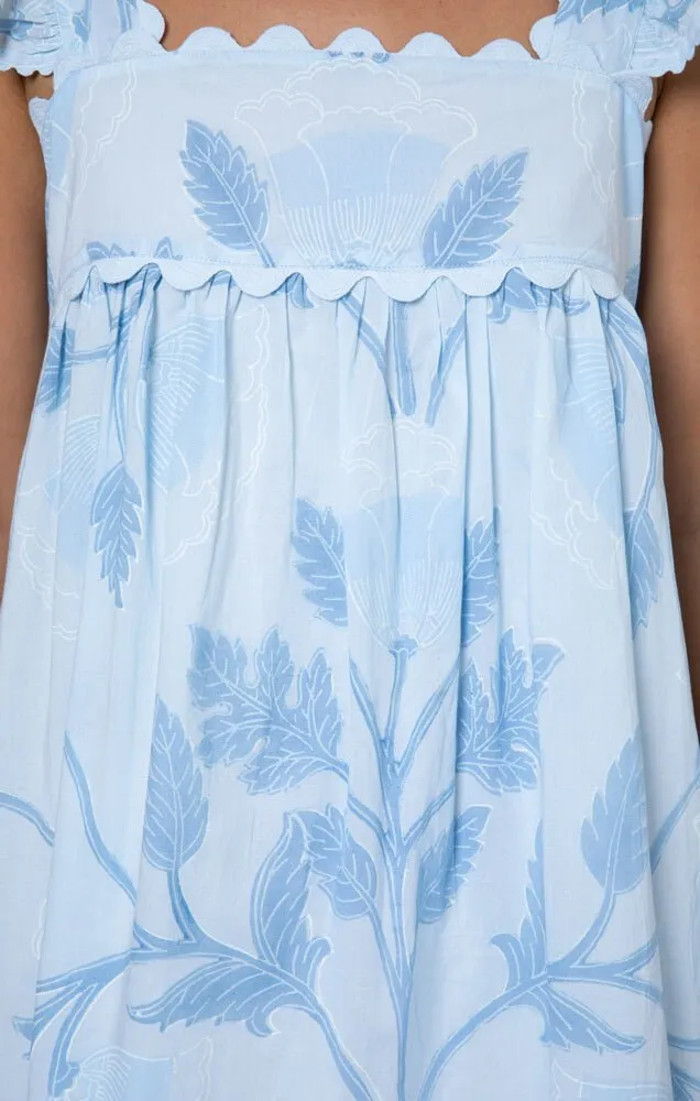 Baby Doll Dress W.bellflower Block Print Pale Blue