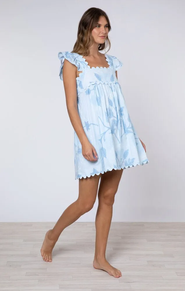 Baby Doll Dress W.bellflower Block Print Pale Blue