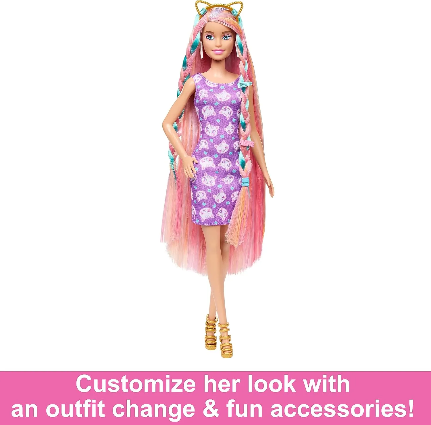 Barbie Fun & Fancy Hair with Extra-Long Colorful Blonde Hair and Glossy Pink Dress Doll, 10 Hair and Fashion Play Accessories