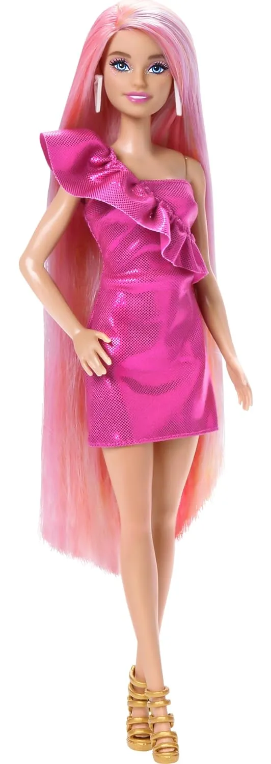 Barbie Fun & Fancy Hair with Extra-Long Colorful Blonde Hair and Glossy Pink Dress Doll, 10 Hair and Fashion Play Accessories