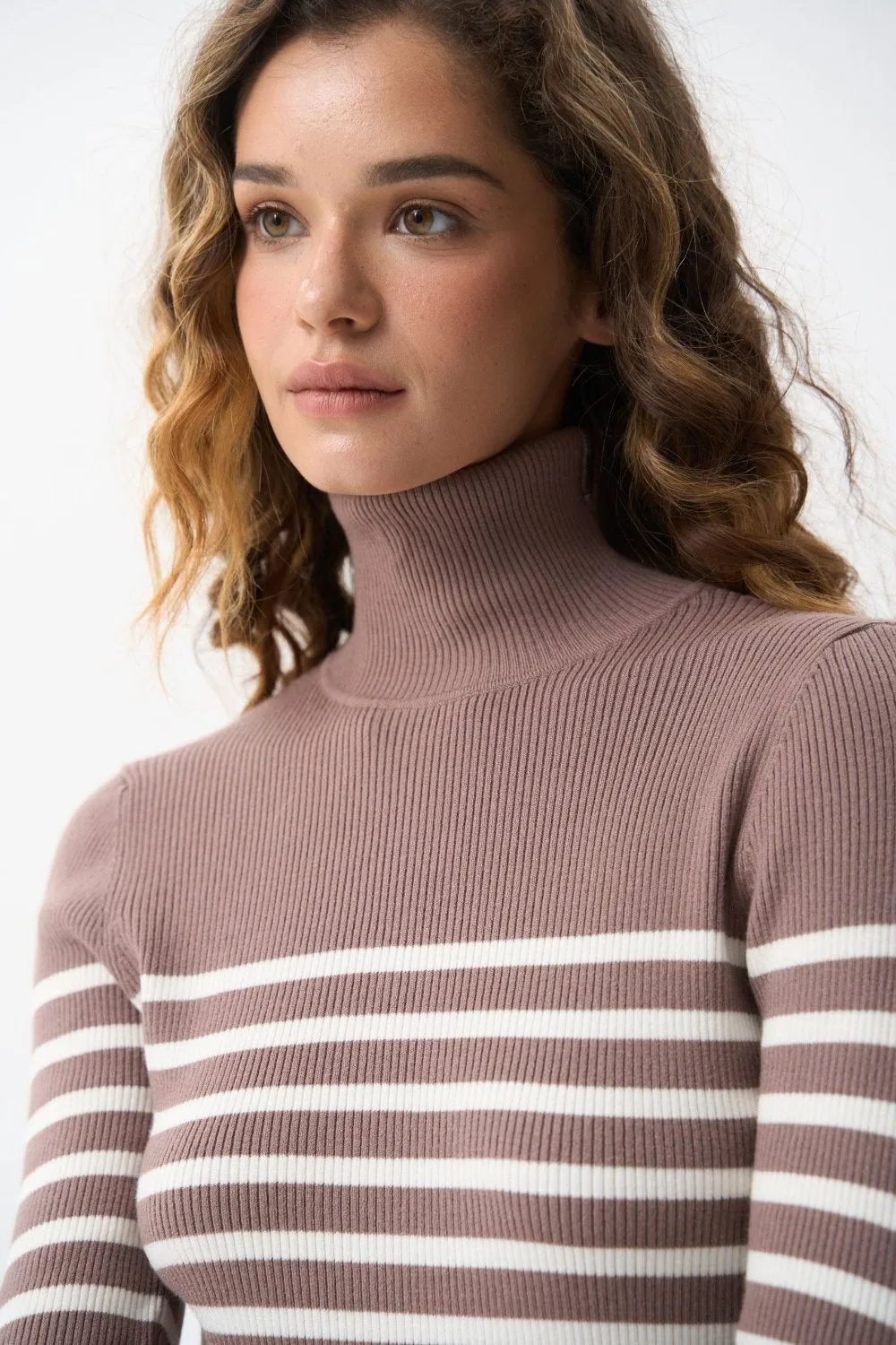 Beige turtleneck sweater with a milky stripe