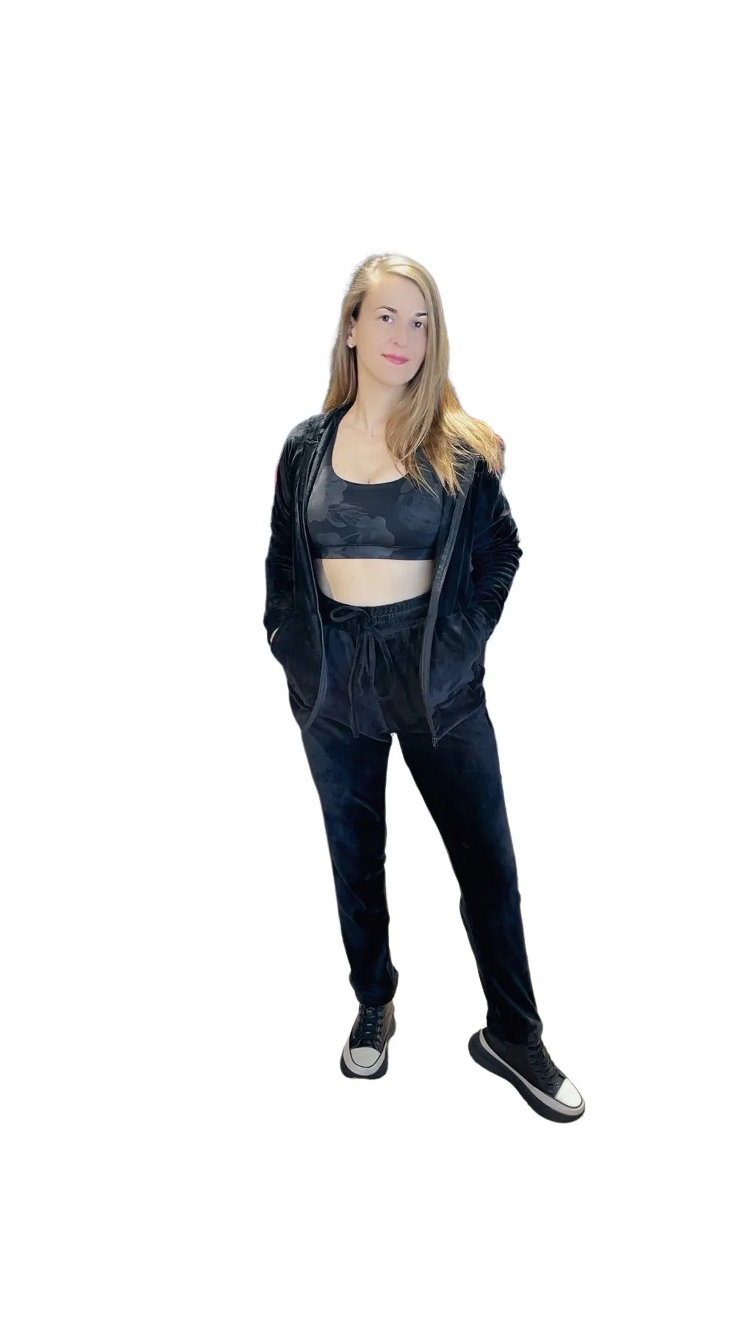 Black 2-piece Velour Tracksuit Set