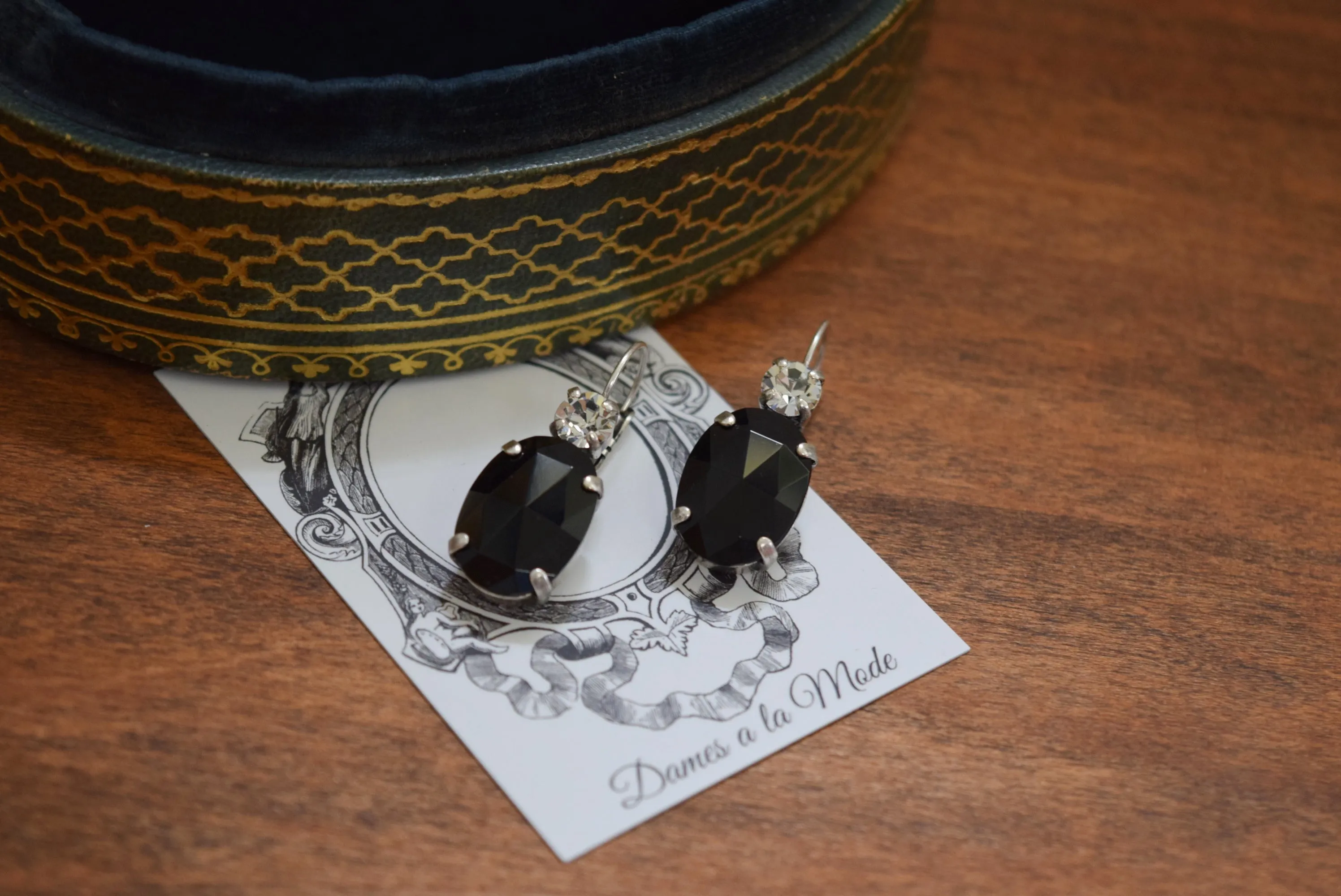 Black Onyx and Crystal 2-Stone Crystal Earrings - Large Oval