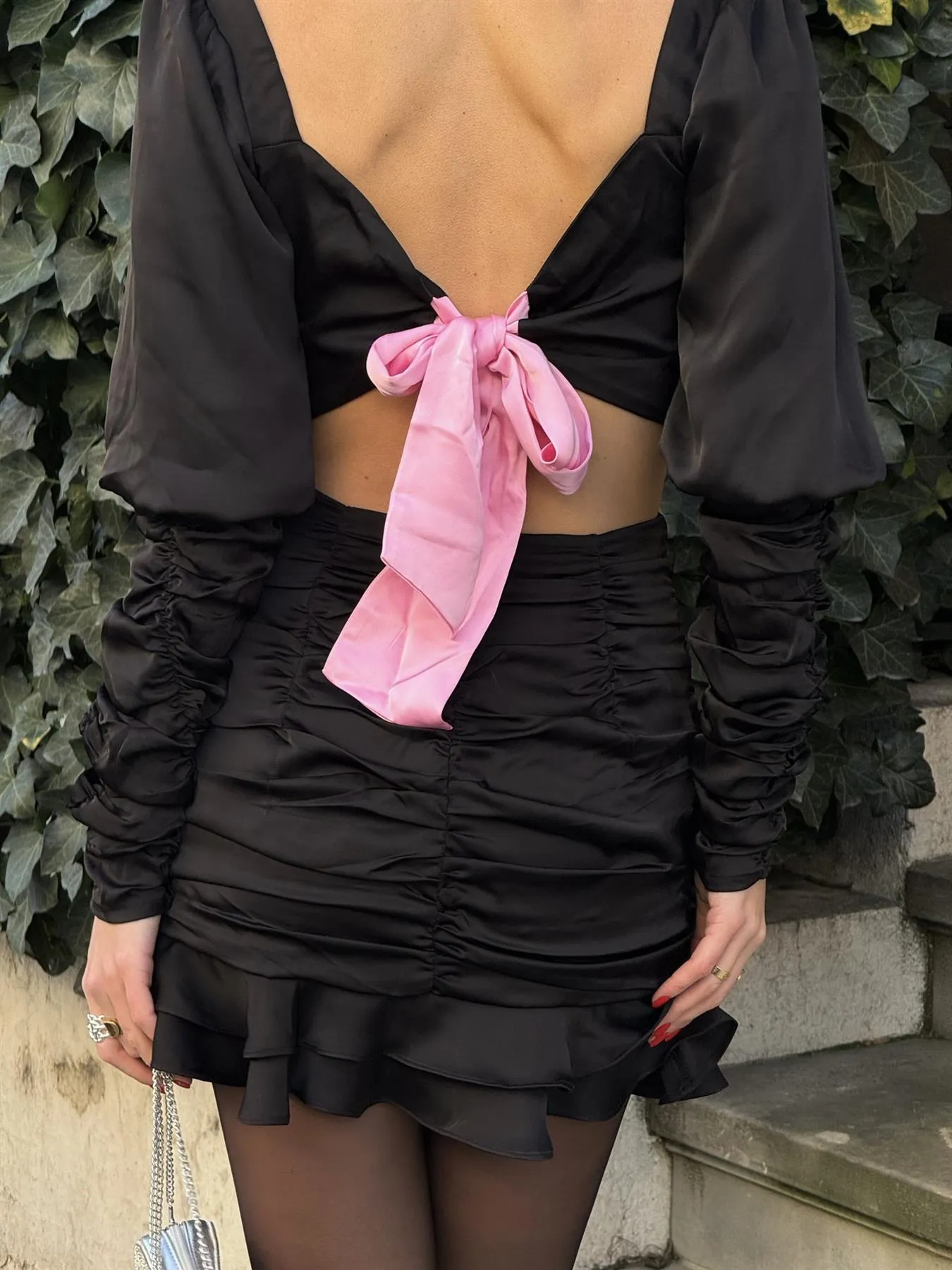 Black-Pink Kaitlyn Co-ord Ruched Crop-Top