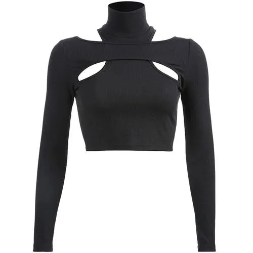 Black Turtleneck Winter Sexy Hollow Skinny Crop Top Long Sleeve