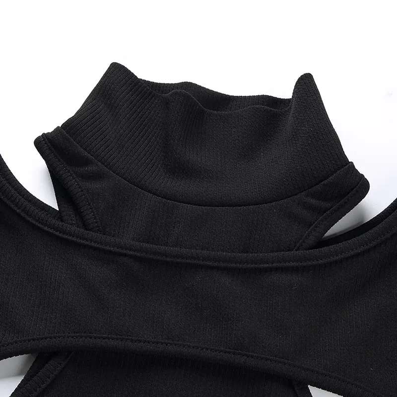 Black Turtleneck Winter Sexy Hollow Skinny Crop Top Long Sleeve