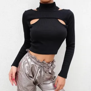 Black Turtleneck Winter Sexy Hollow Skinny Crop Top Long Sleeve