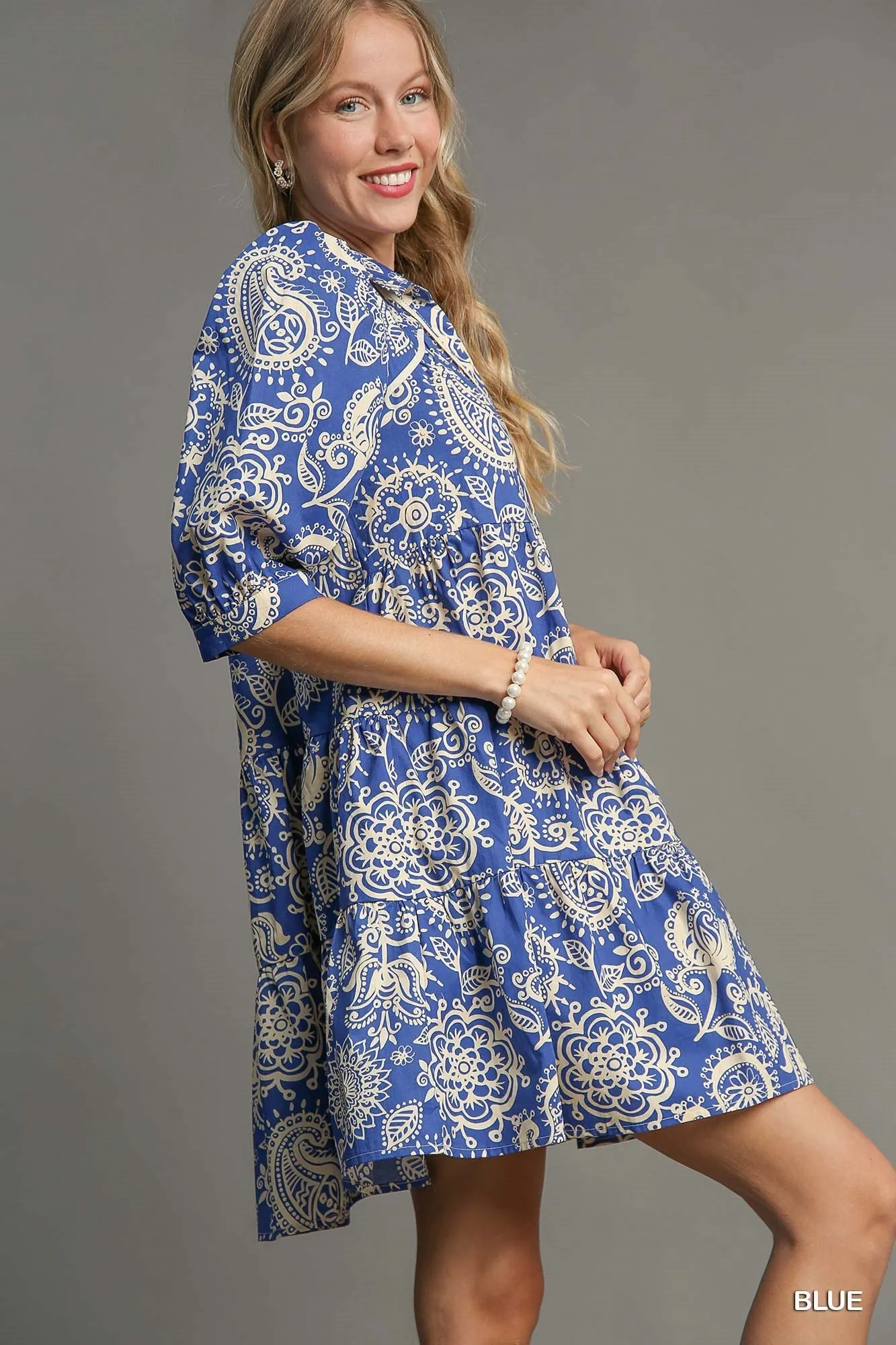 Blue & Cream Paisley Print Mini Dress