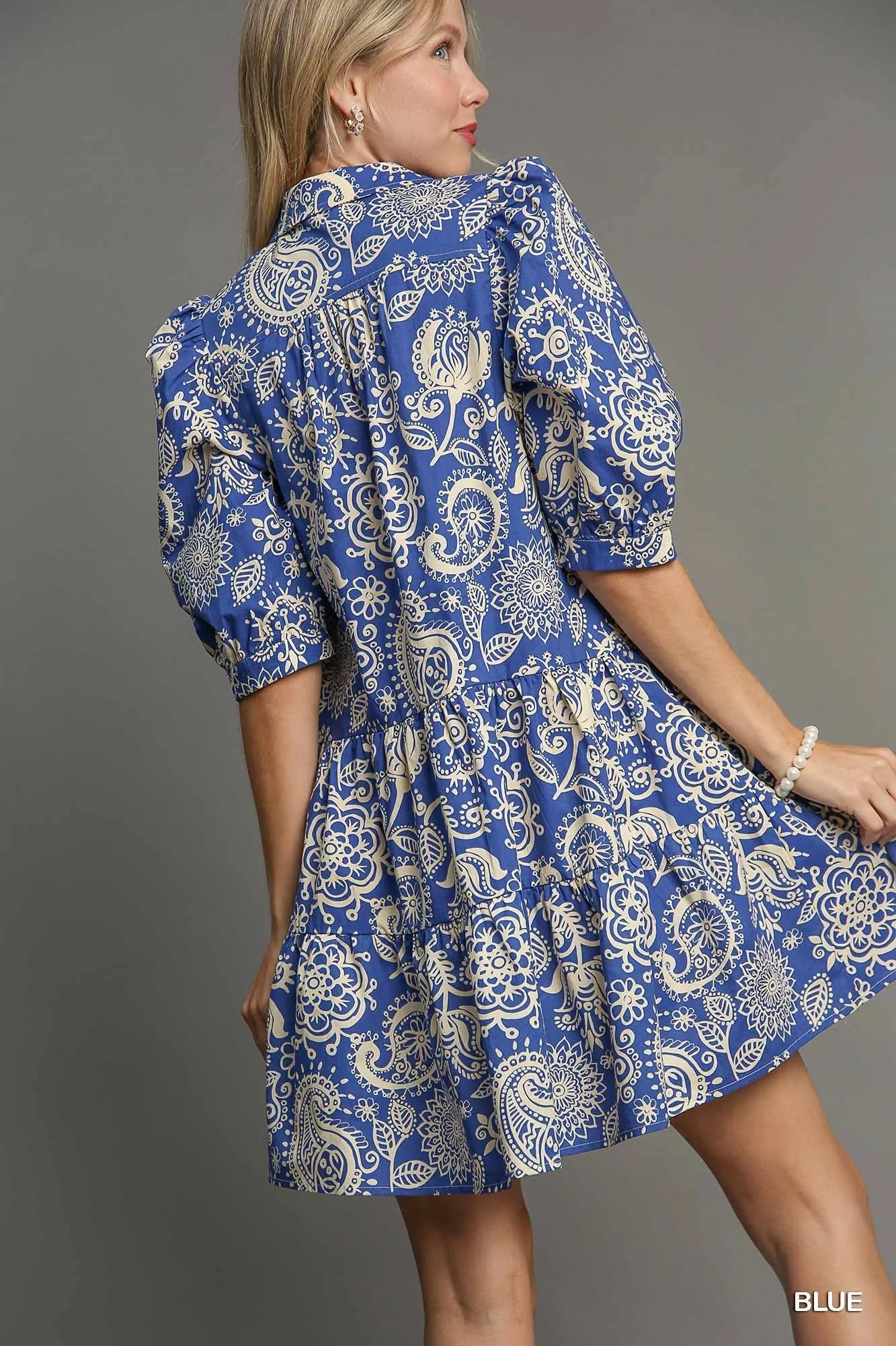 Blue & Cream Paisley Print Mini Dress