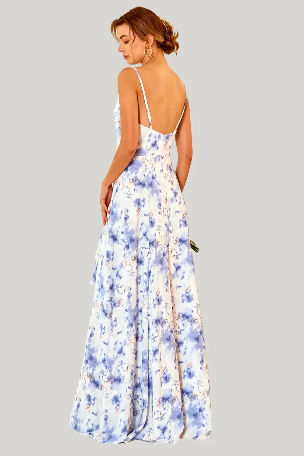 Blue Floral Print A Line Spaghetti Straps Maxi Dress with Slit