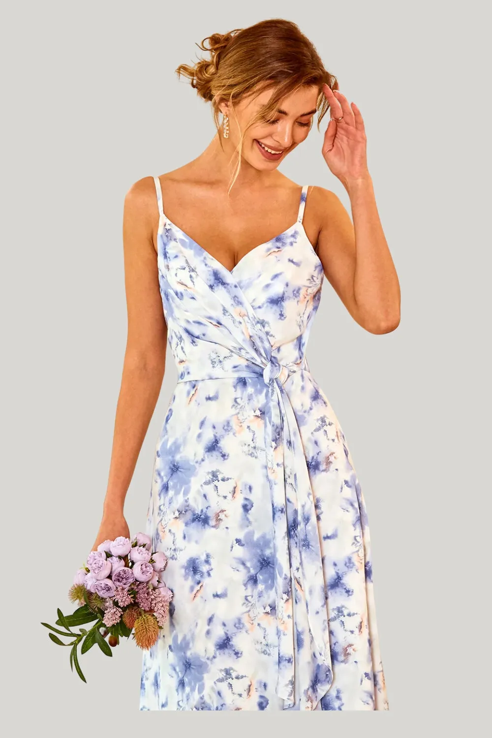 Blue Floral Print A Line Spaghetti Straps Maxi Dress with Slit