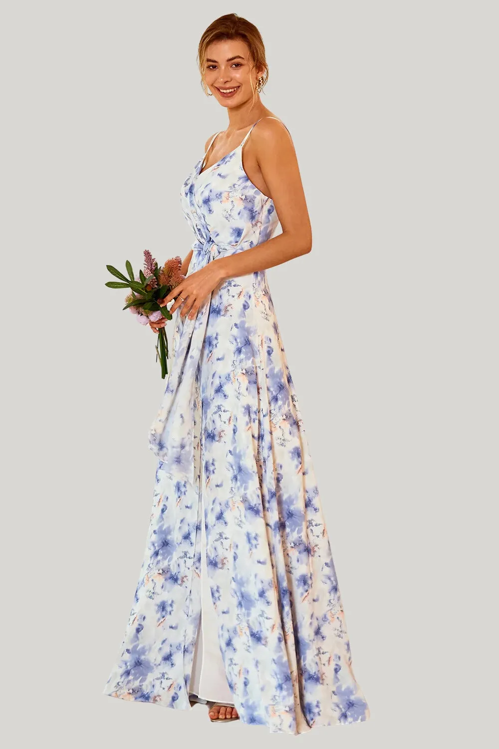 Blue Floral Print A Line Spaghetti Straps Maxi Dress with Slit