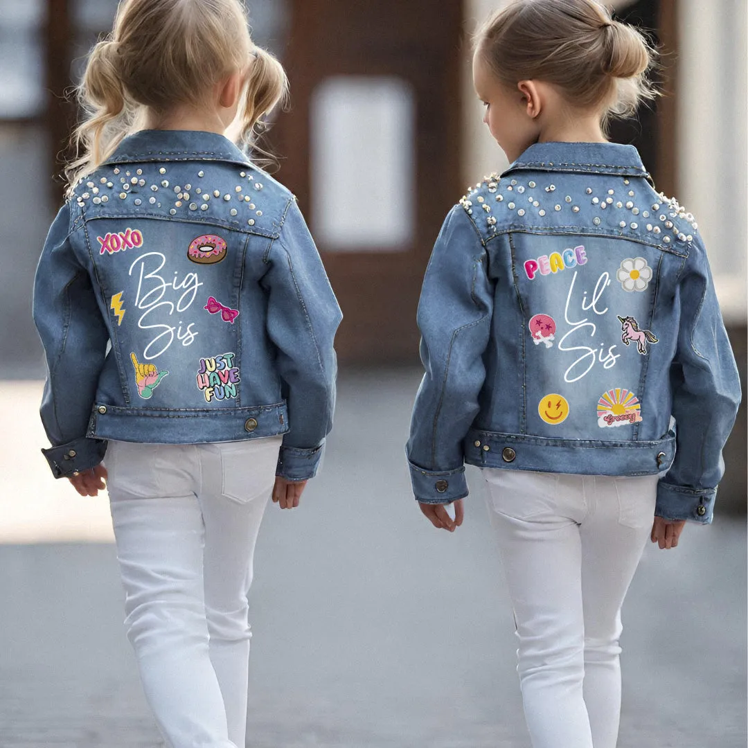 (Blue Pearl) Kid's Denim Jacket with Custom Patches