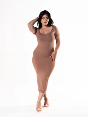 Bodycon Shapewear Midi Slit Dress with Short Sleeves