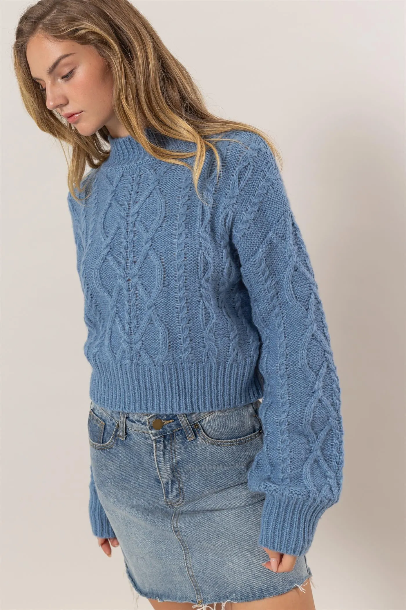 Cable-Knit Mock Neck Dropped Shoulder Sweater