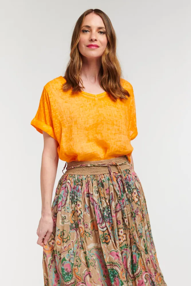 Calypso V-Neck Short Sleeve Fluro Orange Linen Top by Love From Italy