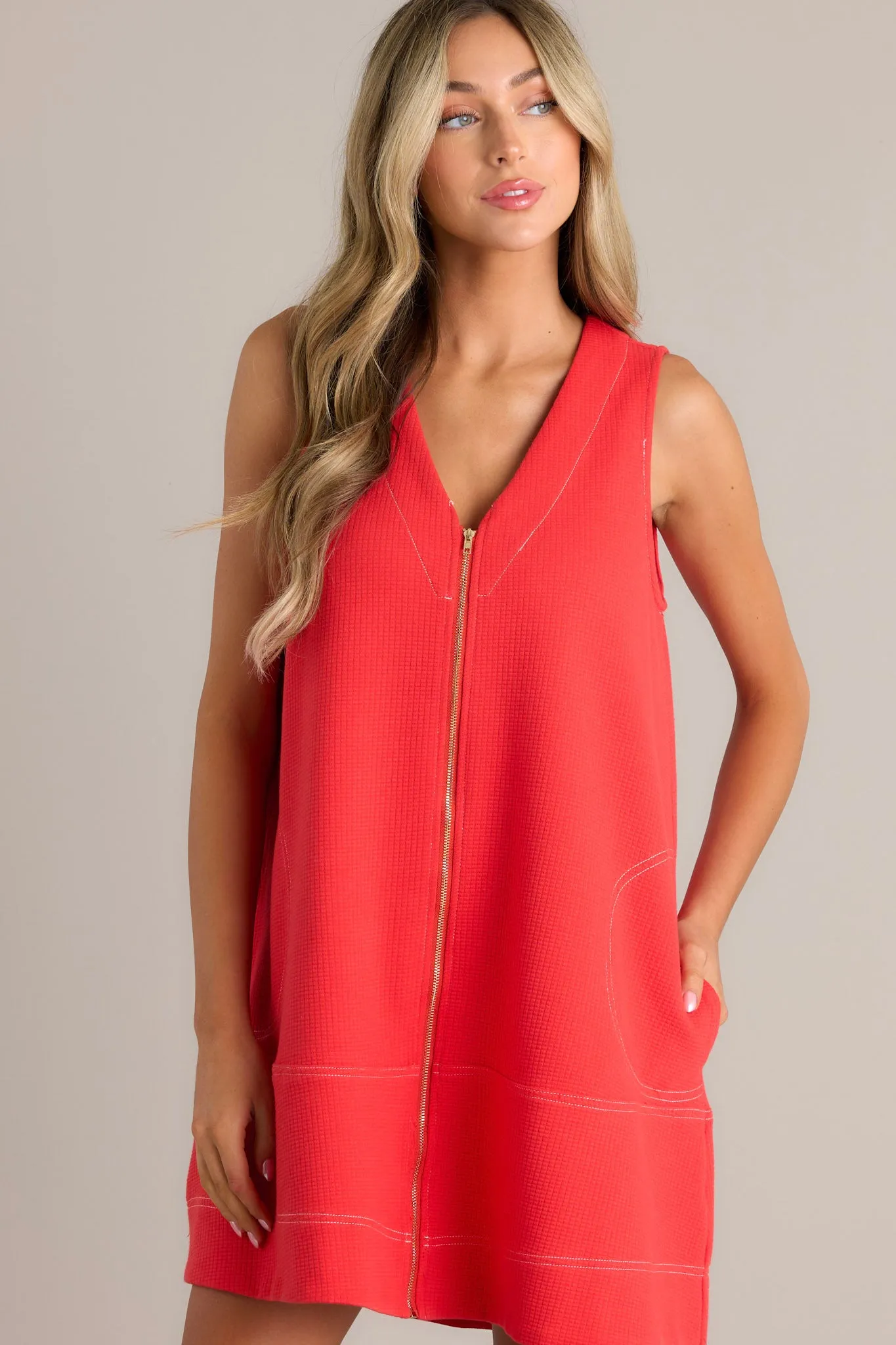 Cardinal Classic Tomato Red Zip Up Mini Dress