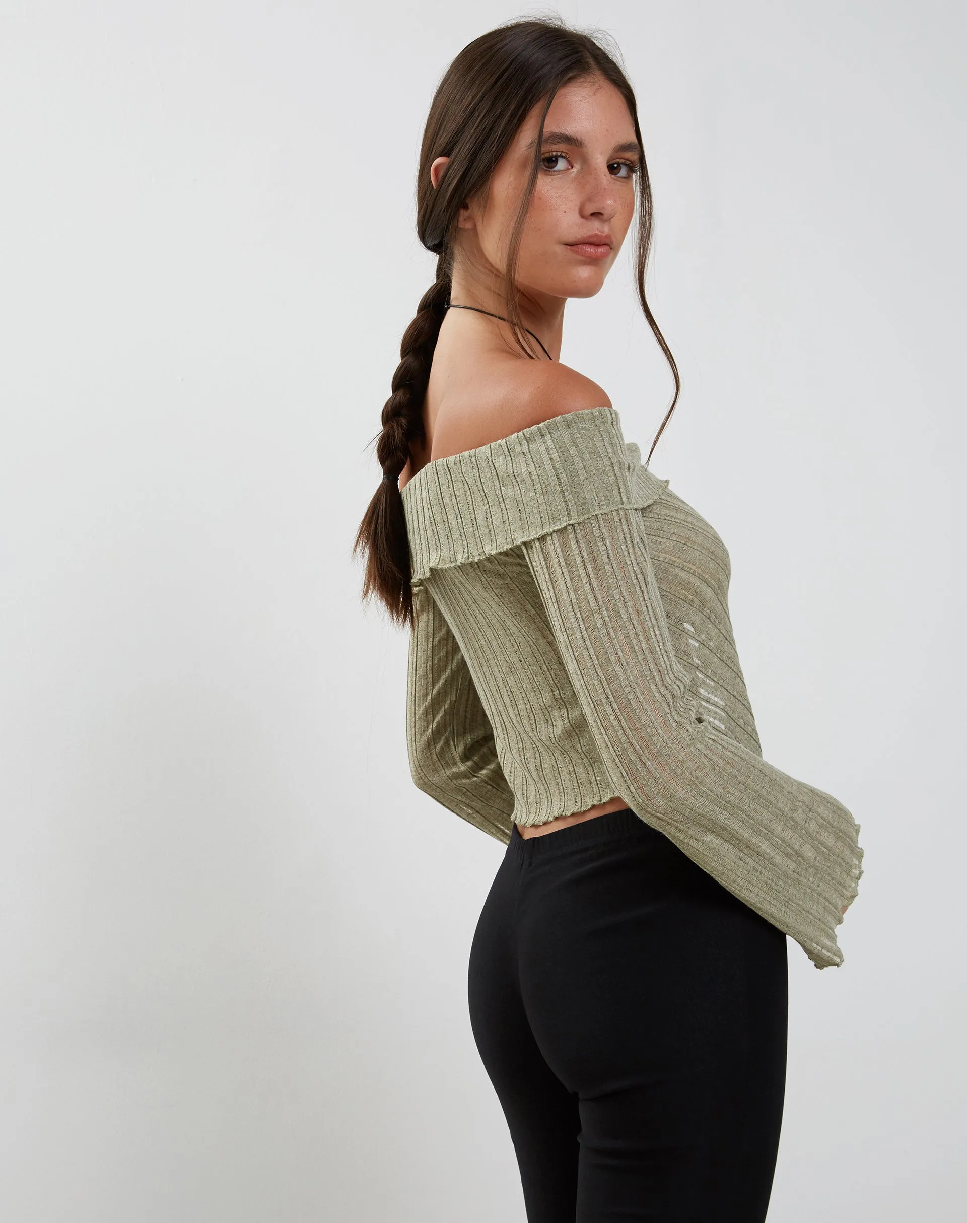 Celeste Long Sleeve Bardot Knitted Top in Sage