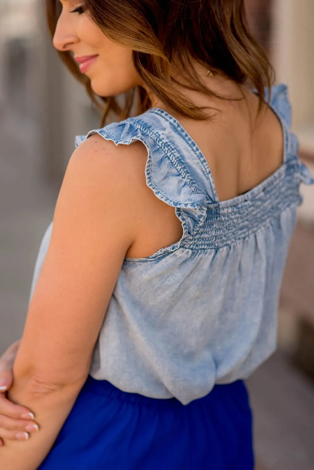 Cinched Ruffle Trim Denim Tank