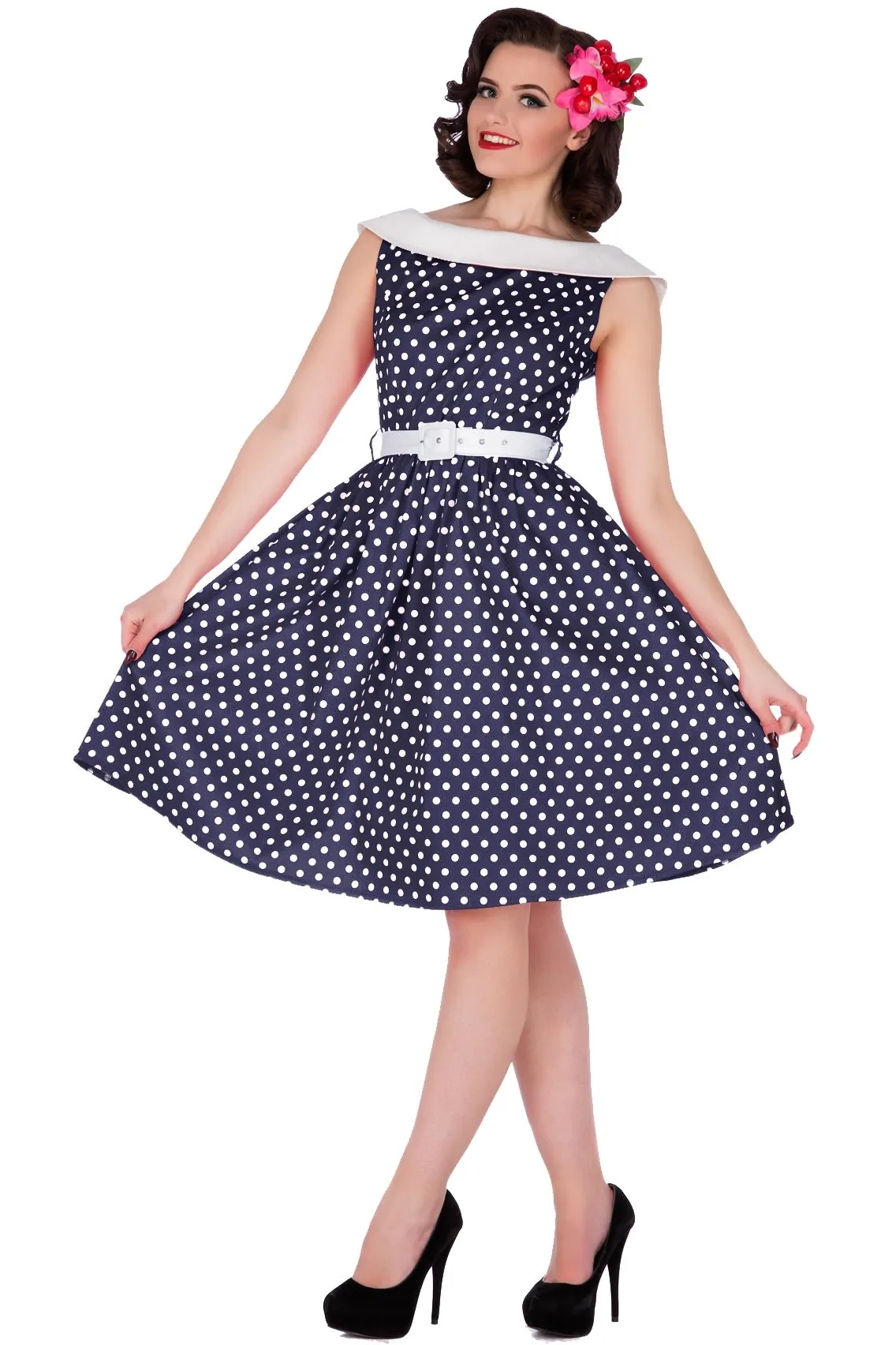 Cindy Polka Dot Vintage Dress in Navy Blue