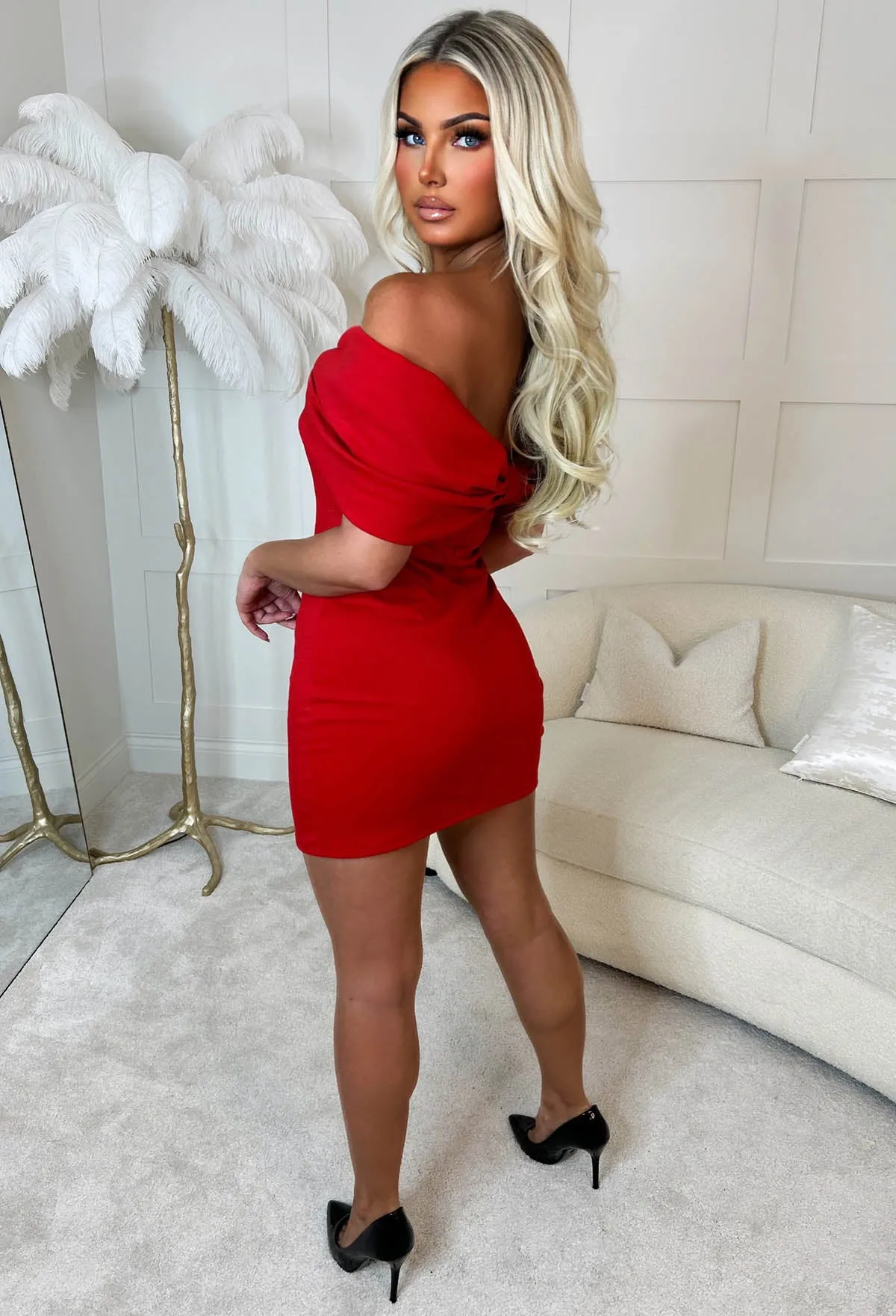 Cocktail Glam Red Bardot Bow Mini Dress