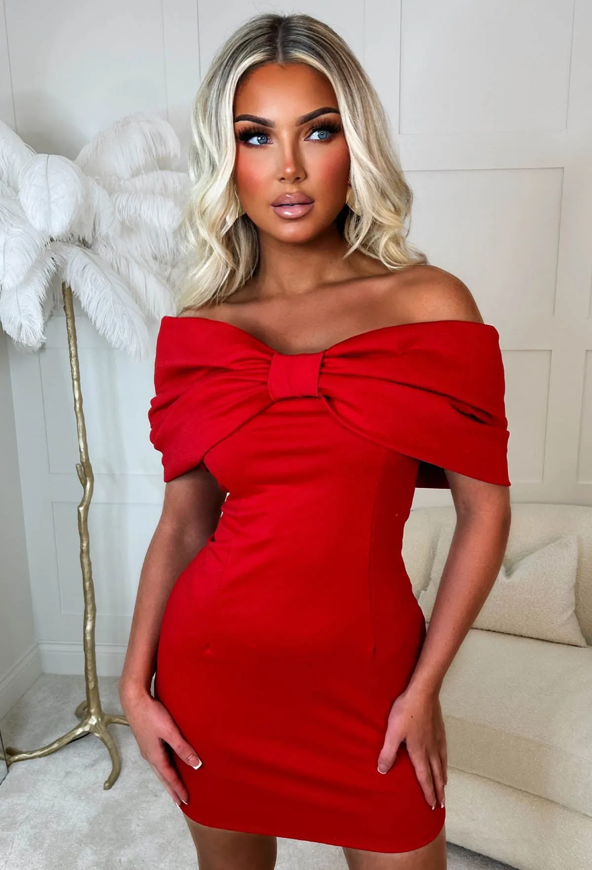 Cocktail Glam Red Bardot Bow Mini Dress