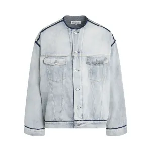 Collarless Denim Jacket in Icy Slip