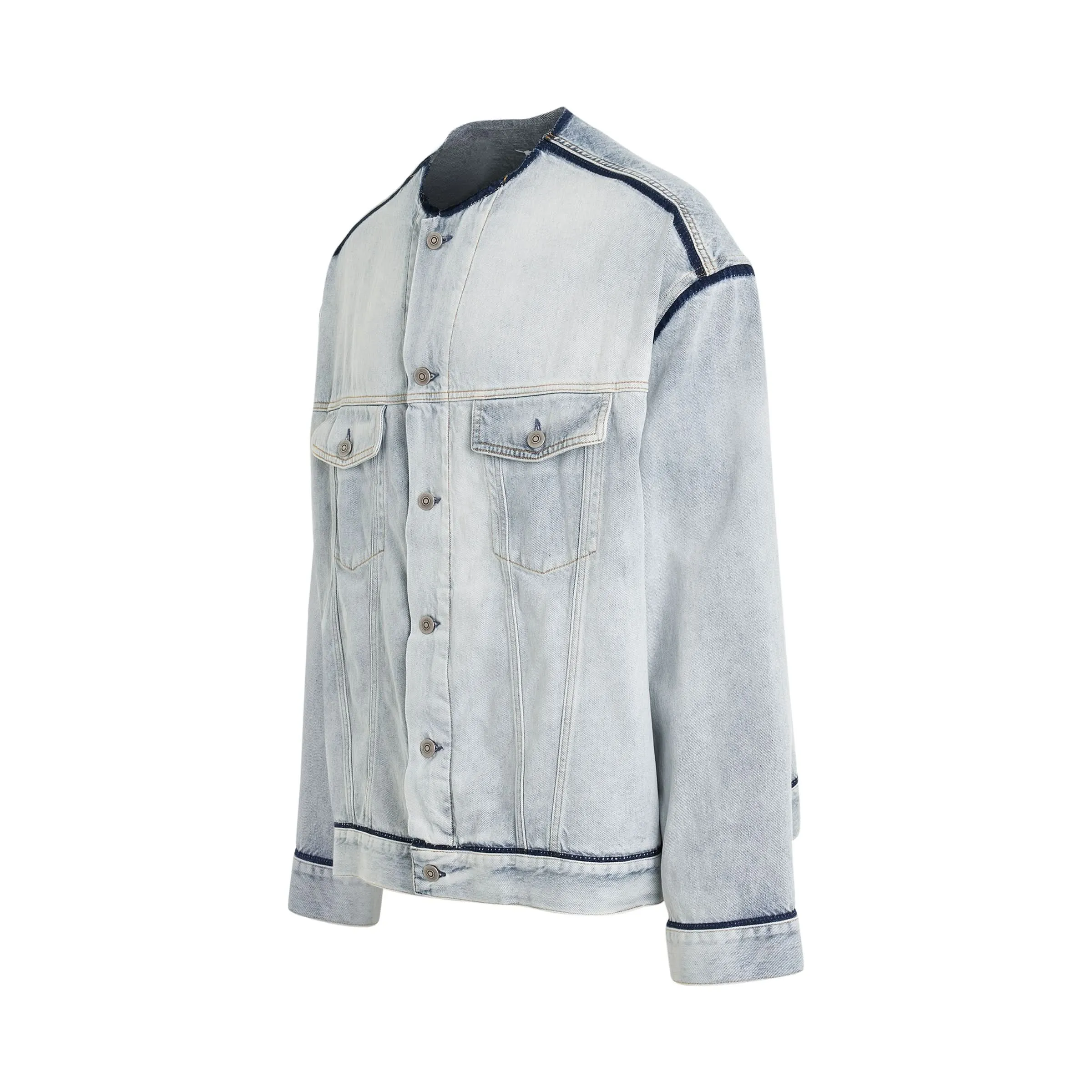 Collarless Denim Jacket in Icy Slip