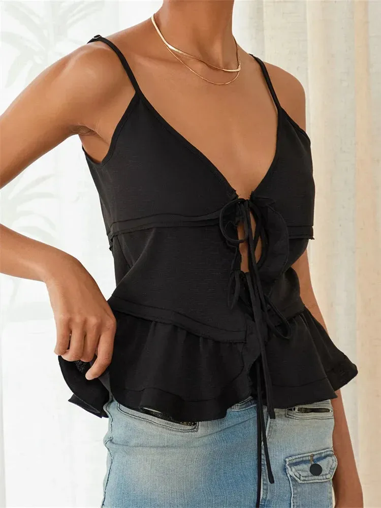 Color Sleeveless Deep V Neck Front Split Tie-Up Ruffles Hem Cami Top