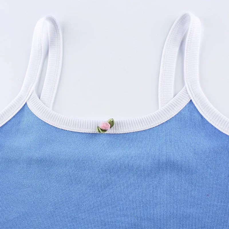 Contrast Color Cute Crop Top Female Streetwear Flower Appliques Cute Summer Tops For Women Sleeveless Sexy Camisole