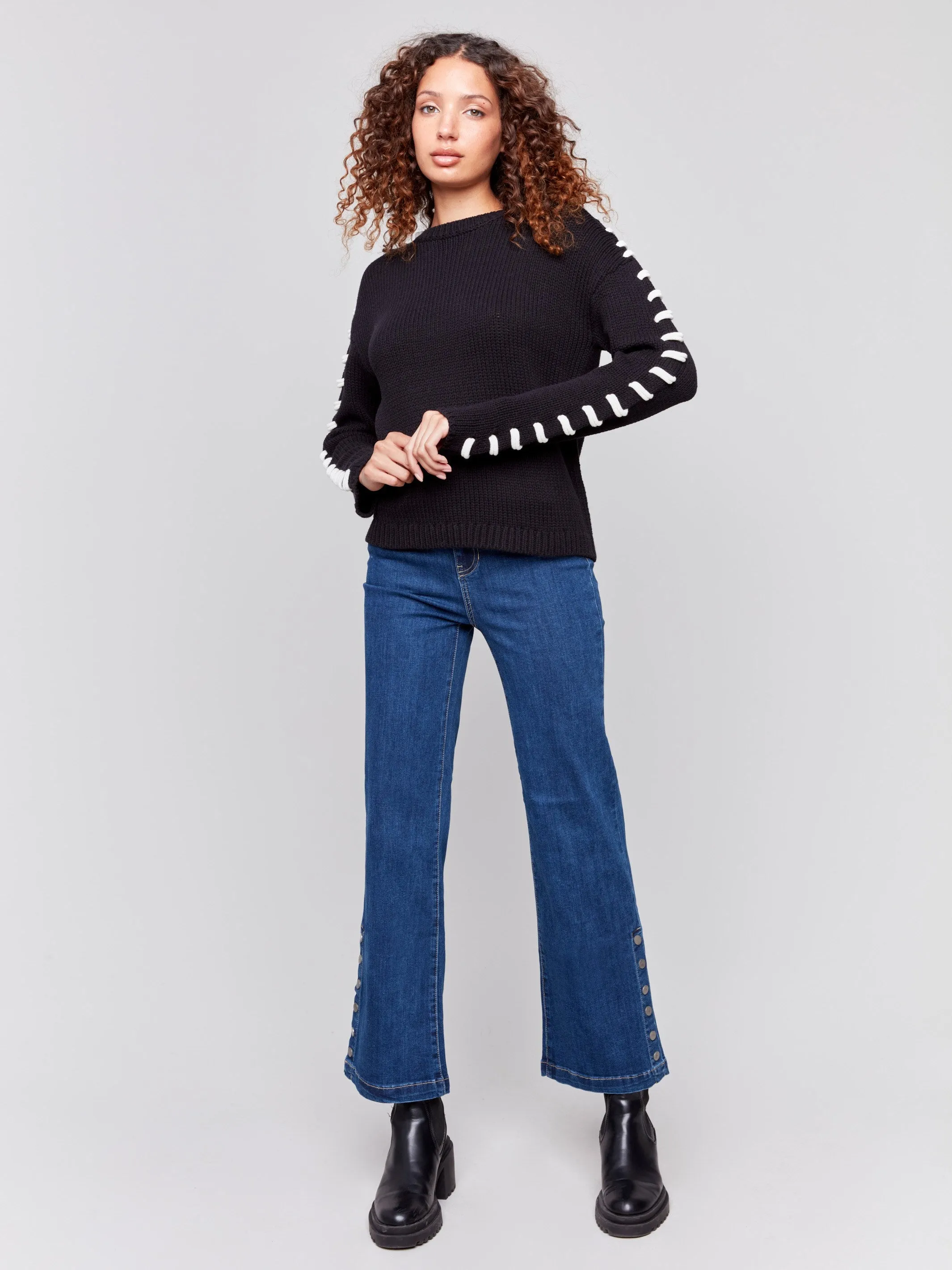 Cotton Blend Sweater with Stitch Detail - Black