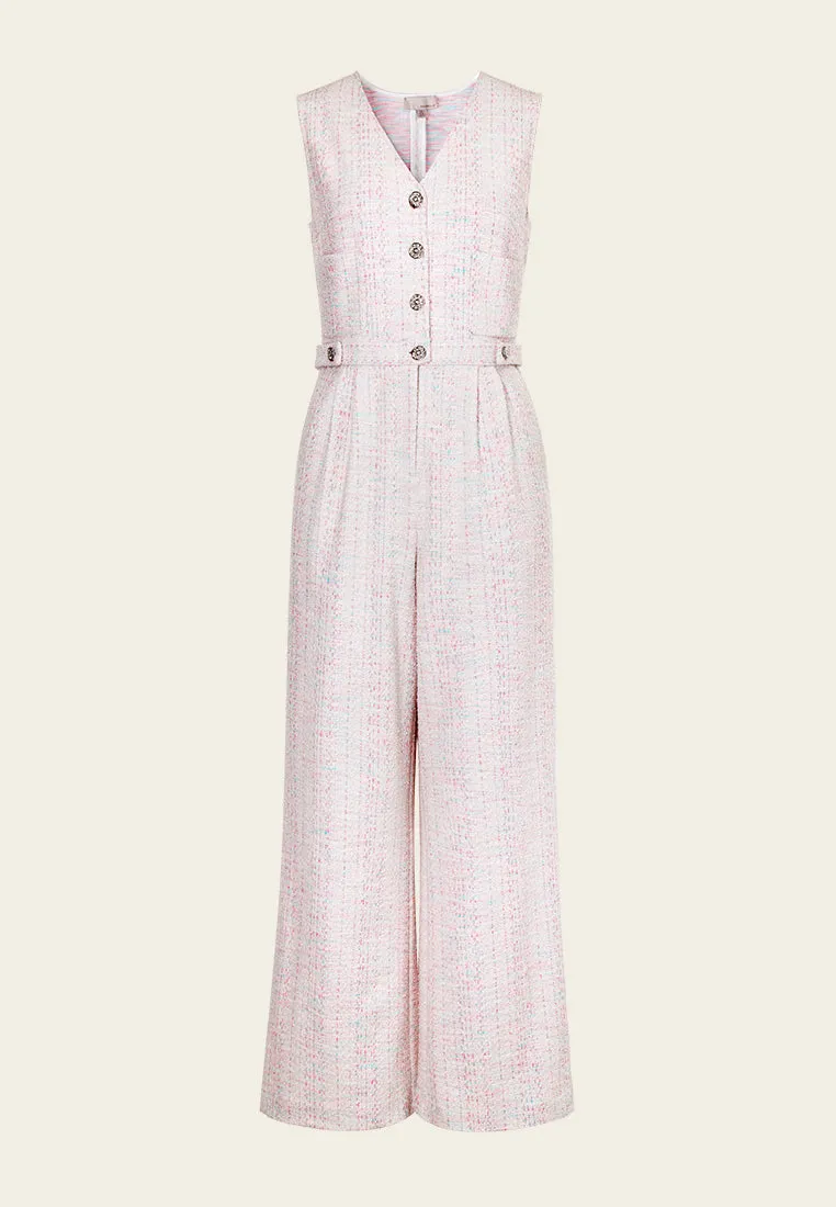 Cotton Candy V-neck Stretch Tweed Jumpsuit