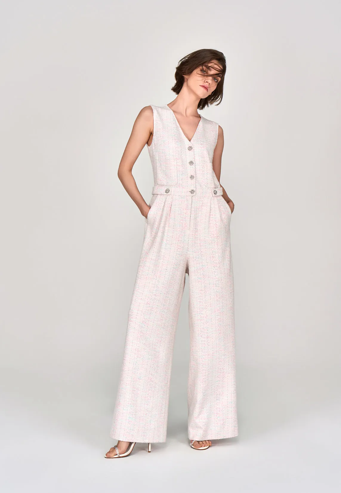 Cotton Candy V-neck Stretch Tweed Jumpsuit