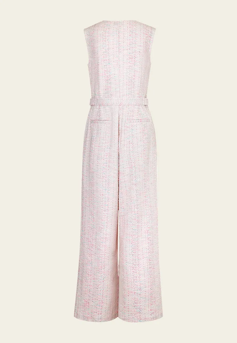 Cotton Candy V-neck Stretch Tweed Jumpsuit