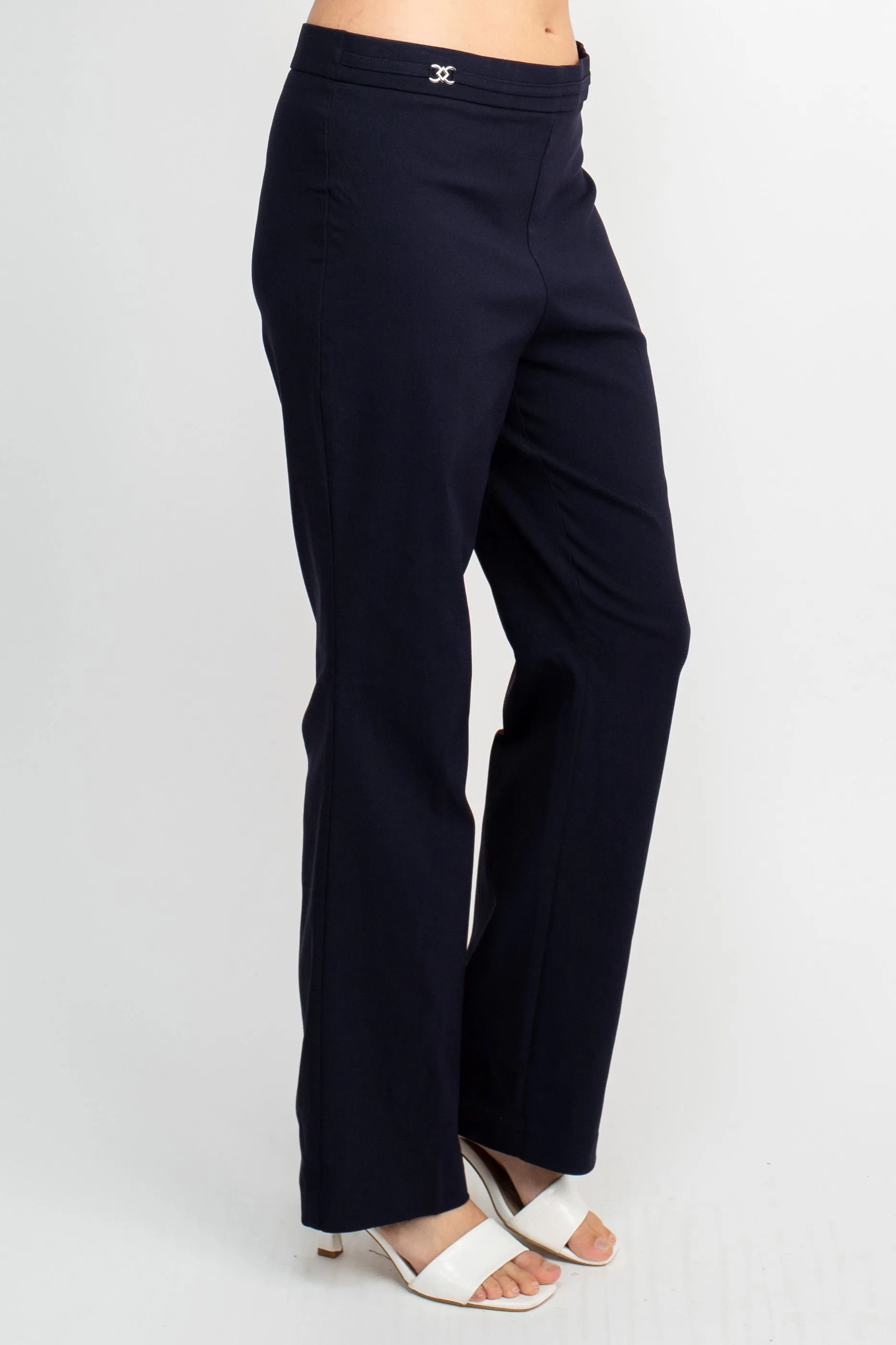 Counterparts Banded Waist Pull On Straight Cut Solid Hardware Detail Stretch Rayon Pants