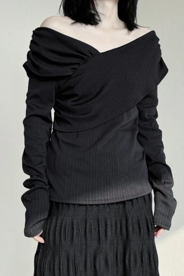 Dark Wind French Style Slanted Shoulder Boat Neck Top Long-Sleeved T-Shirt