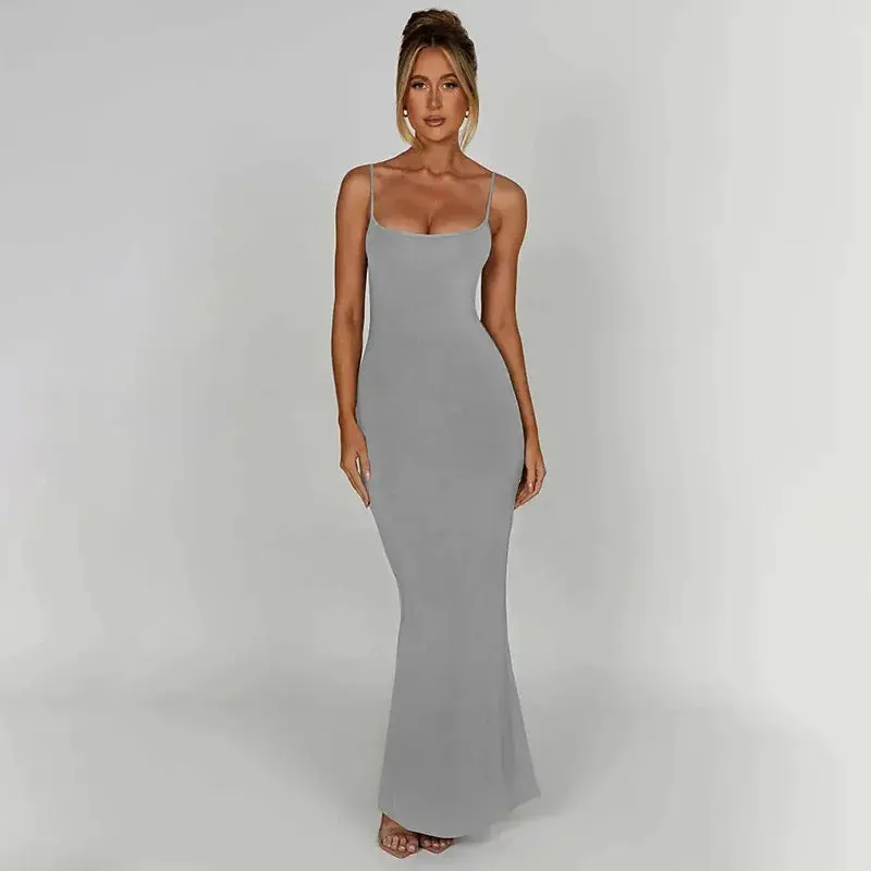 Elegant Spaghetti Strap Backless Bodycon Maxi Dress for Summer