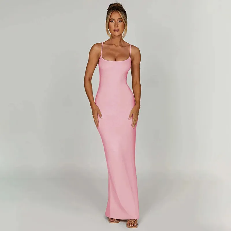 Elegant Spaghetti Strap Backless Bodycon Maxi Dress for Summer