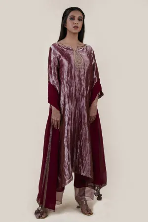 Embroidered Tissue A-Line Kurta And Slub Silk Pants Set